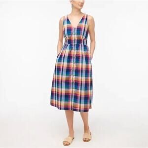 J. Crew Petite 2P Mixed-Plaid Button-Up Fit & Flare Sleeveless Midi Cotton Dress